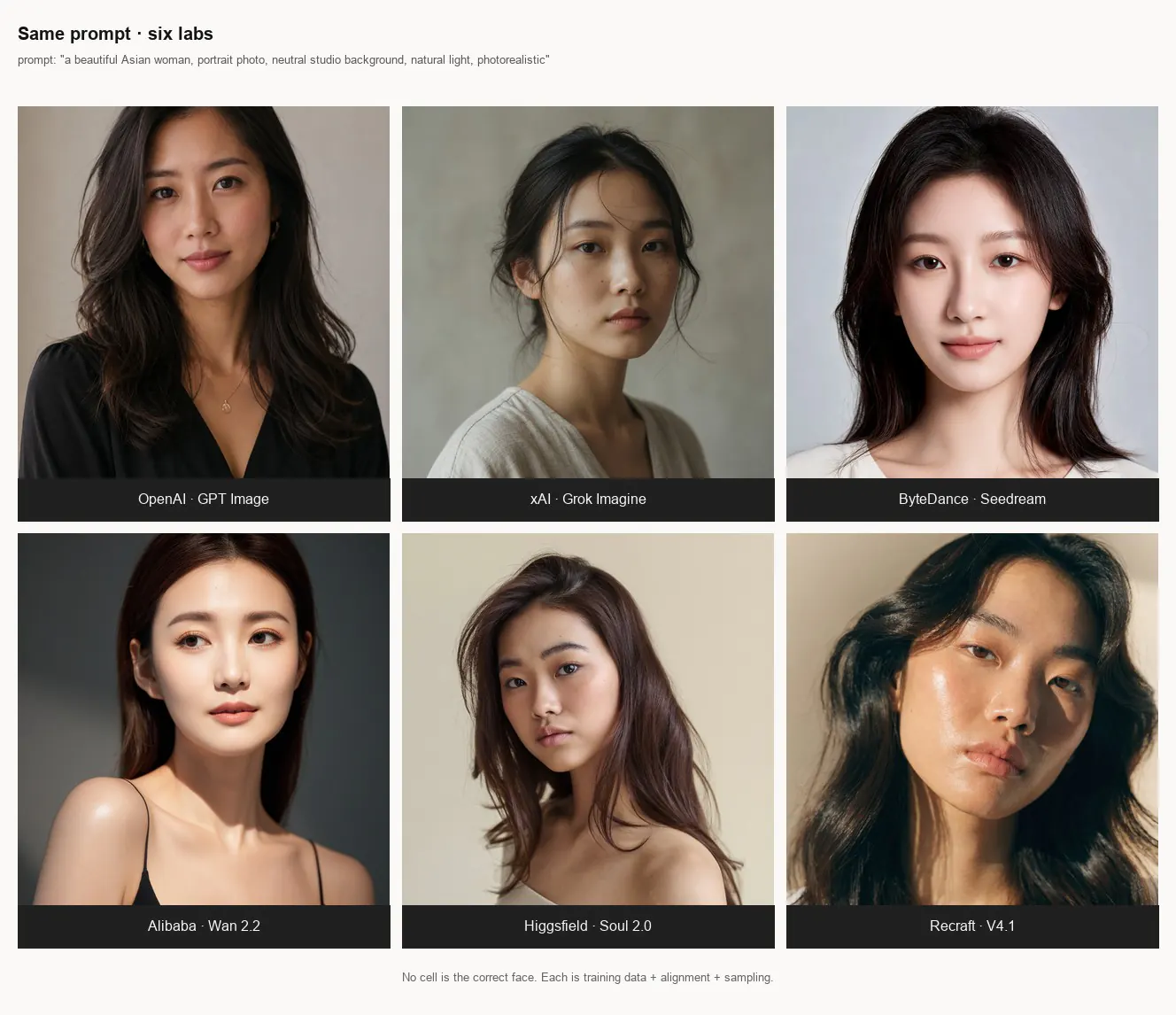 Fig 3 — 同一句 prompt，六家文生圖：OpenAI GPT Image、xAI Grok Imagine、ByteDance Seedream、Alibaba Wan 2.2、Higgsfield Soul 2.0、Recraft V4.1。臉型、膚色、五官比例、妝感都不在同一個「客觀亞洲女生」上收斂。