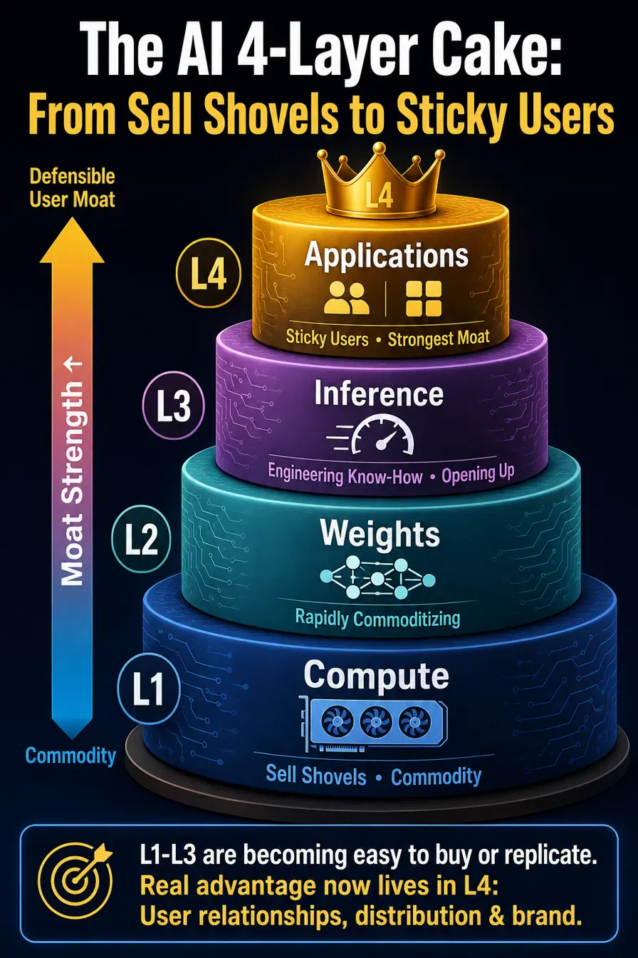 The AI four-layer cake: bottom to top, L1 Compute (sell shovels, commodity), L2 Weights (commoditizing fast), L3 Inference (engineering know-how, opening up), L4 Applications (sticky users, strongest moat); a left-side arrow, Moat Strength, climbs from Commodity to a Defensible User Moat.